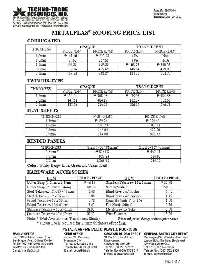 METALPLAS Pricelist With WIDE PDF Building Engineering Building