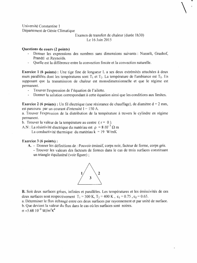 Transfert Thermique Cours Et Exercices Corrigés Pdf Examen+Correction Transfert de Chaleur PDF | PDF | Transfert thermique |  Convection