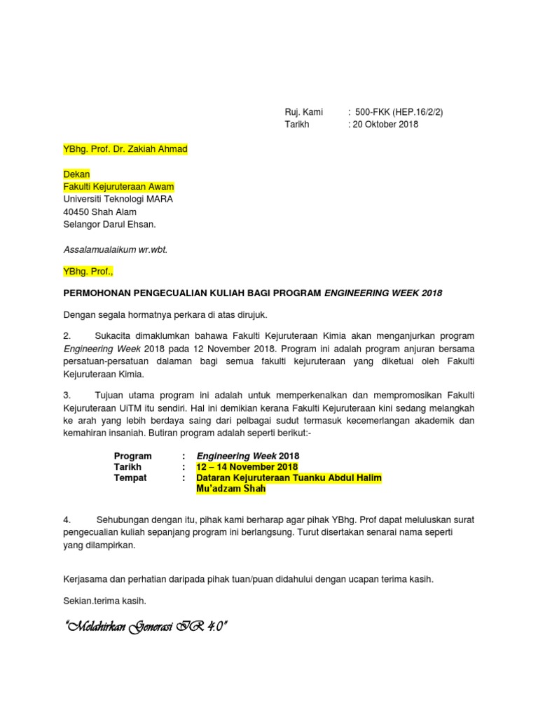 Surat Permohonan Pengecualian Kuliah