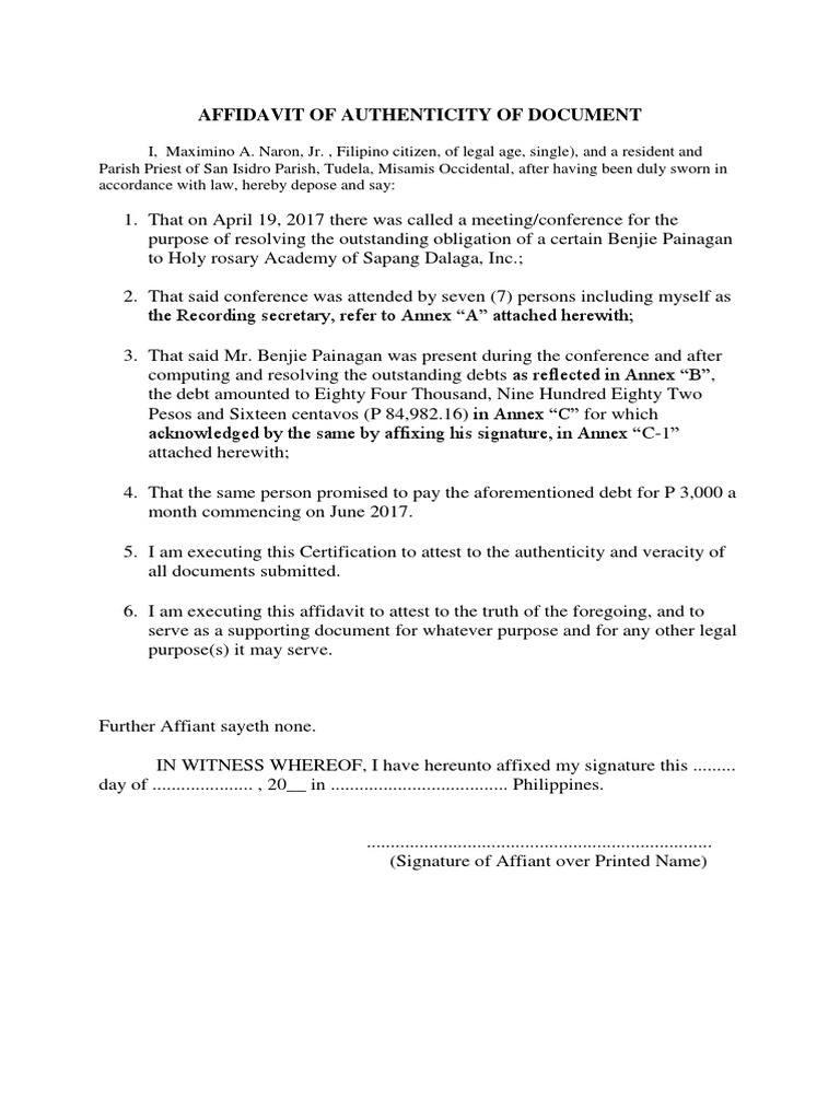 Affidavit of Authenticity of Document