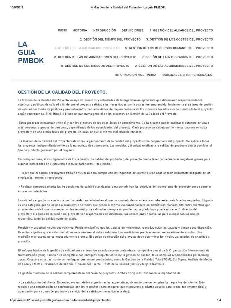 Gestión de La Calidad Del Proyecto - La Guia PMBOK | PDF | Gestión de ...