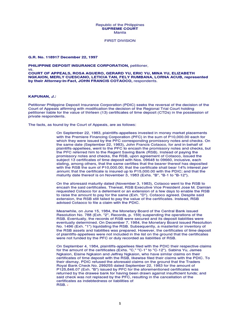 PDIC vs. CA (G.R. No. 118917 December 22, 1997) - 5 | PDF | Guarantee ...