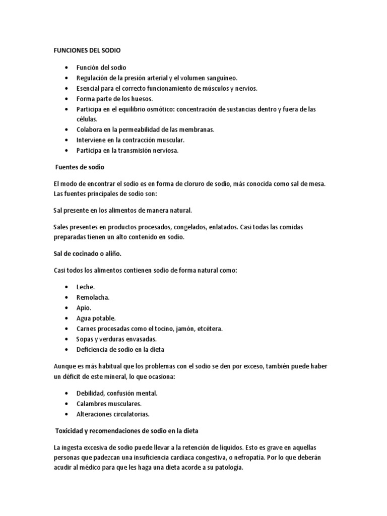 Funciones Del Sodio | Descargar gratis PDF | Sodio | sal