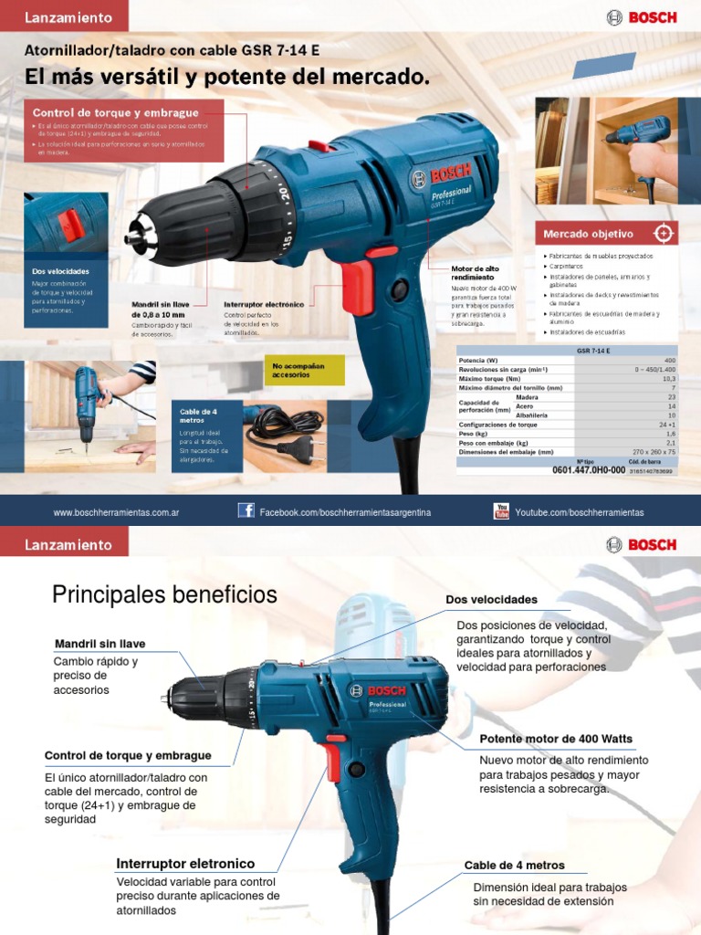 Taladro Atornillador Bosch Gsr 7-14 E Electrico 400w Torque