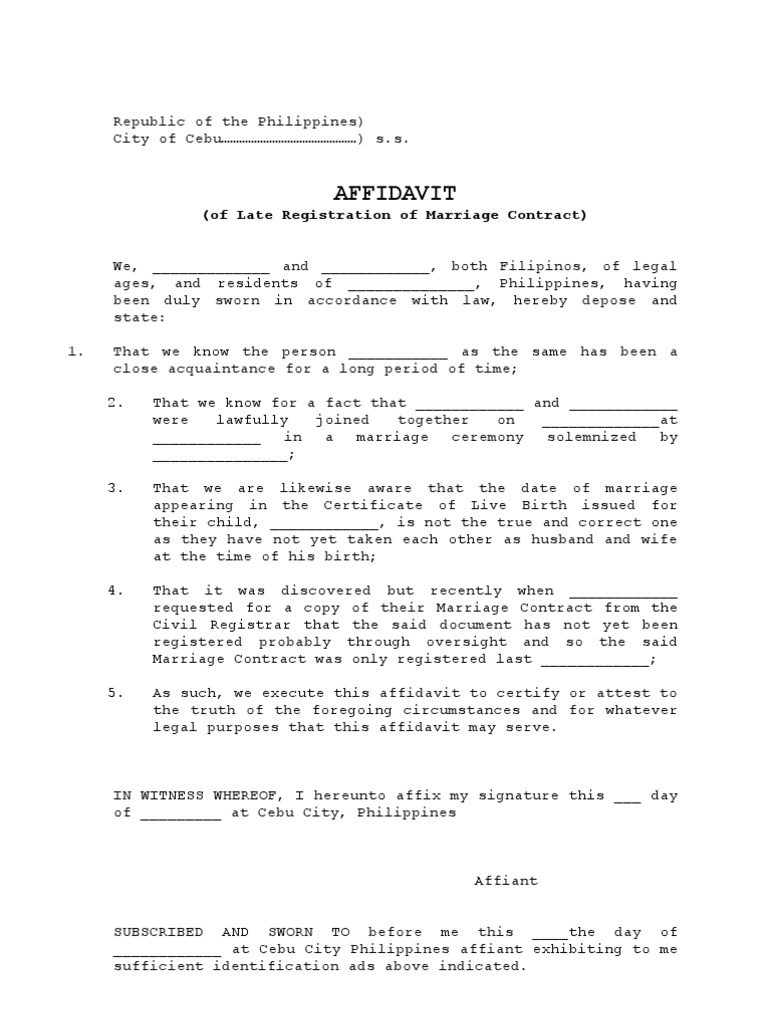 Marriage Contract With Two Husbands Affidavit of Late Registration of Marriage Contract | PDF | Affidavit