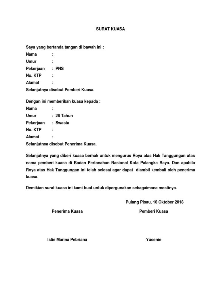 Contoh Surat Kuasa