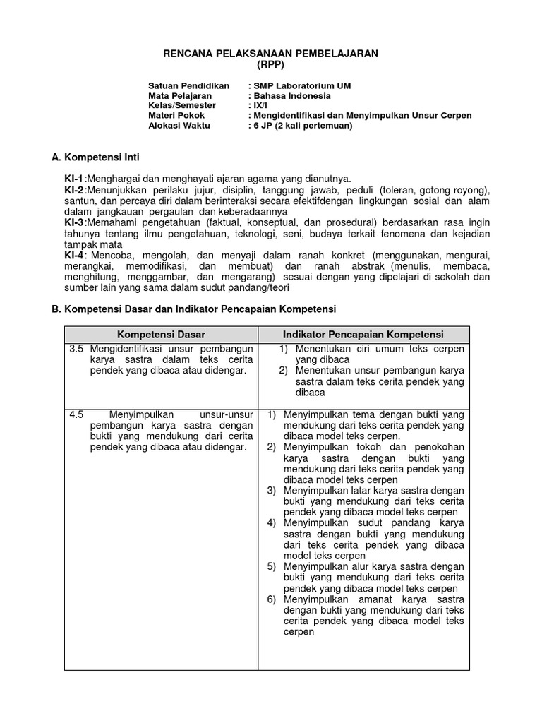 RPP 3.5&4.5 Teks Cerpen-Kelas 9 | PDF