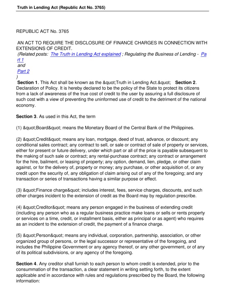RA 3765 Truth in Lending Act PDF Truth In Lending Act Credit