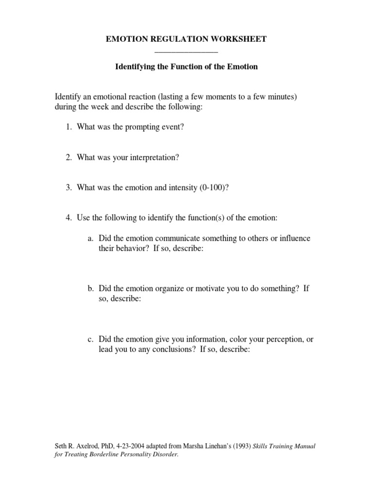 Function Of Emotion Worksheet PDF PDF