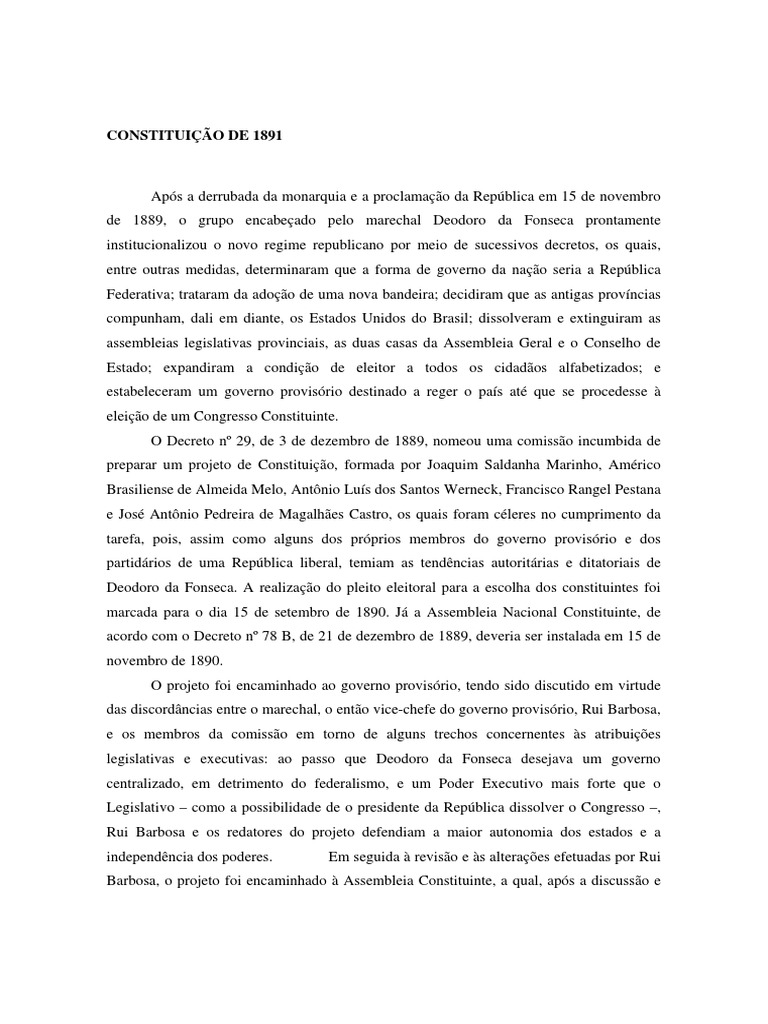 Constituição de 1891: Fundamentos e Princípios | PDF | República ...