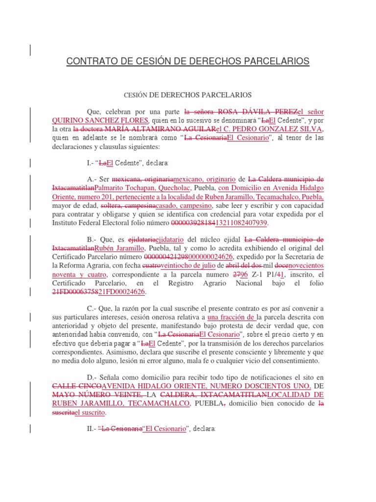 Contrato de Cesión Onerosa de Derechos Parcelarios Señor