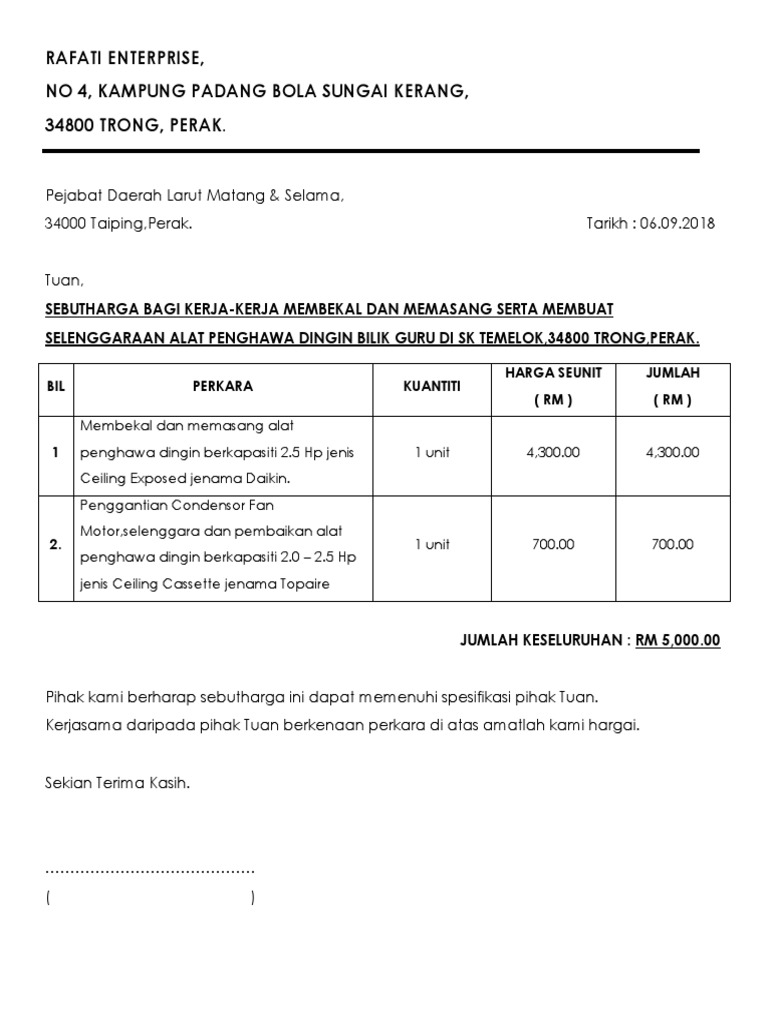 Sebut harga aircond pdf