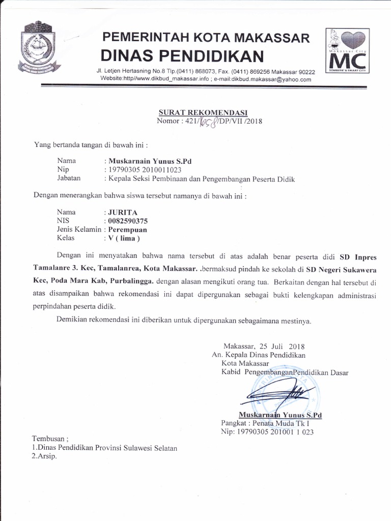 Surat Rekomendasi Dah Sekolah