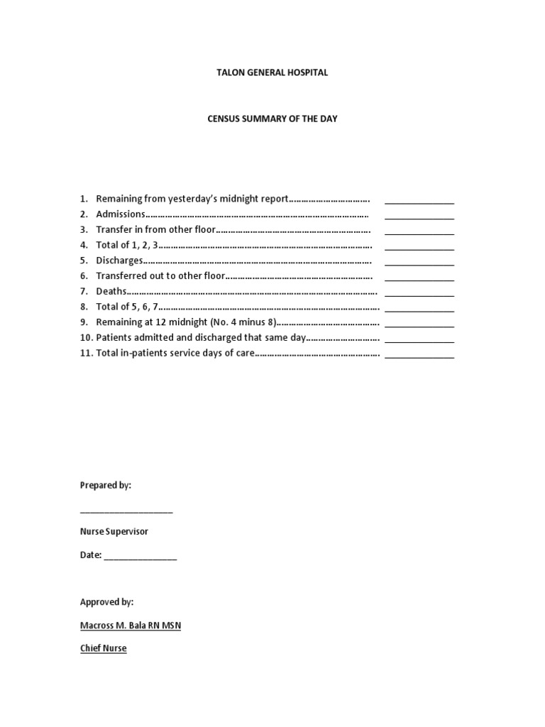 Talon General Hospital Census Summary | PDF