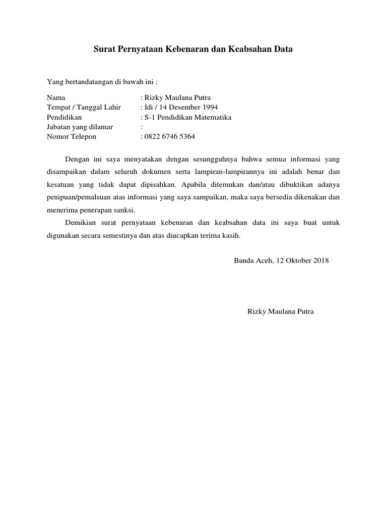 Surat Pernyataan Kebenaran Dan Keabsahan Data