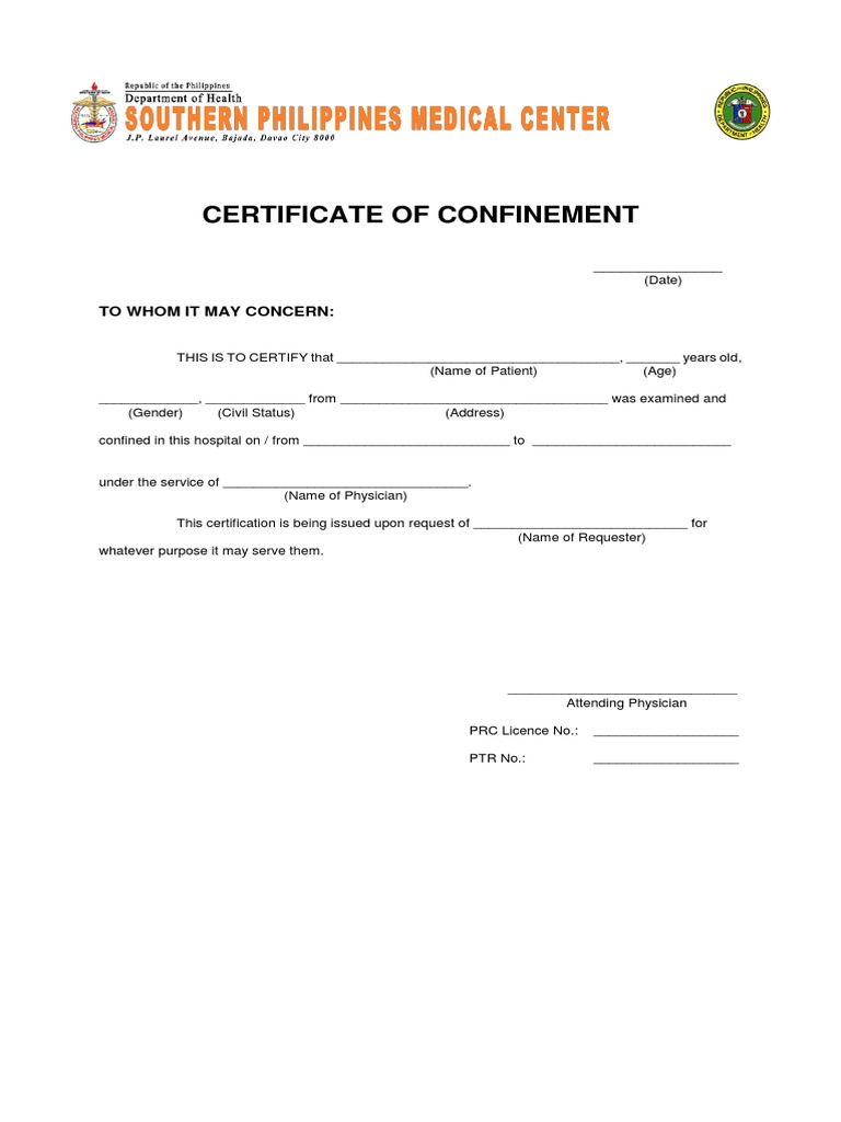 Certificate of Confinement PDF Health Care Medicine