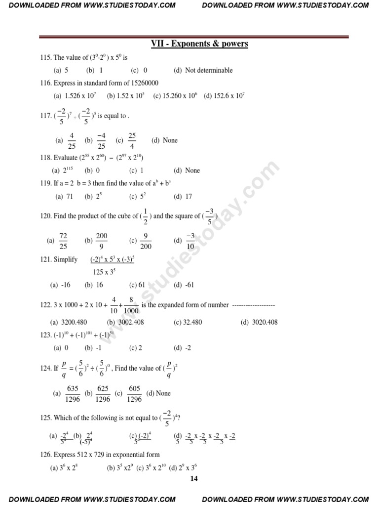 Class 7 Exponents & Powers MCQs | PDF | Exponentiation | Analysis