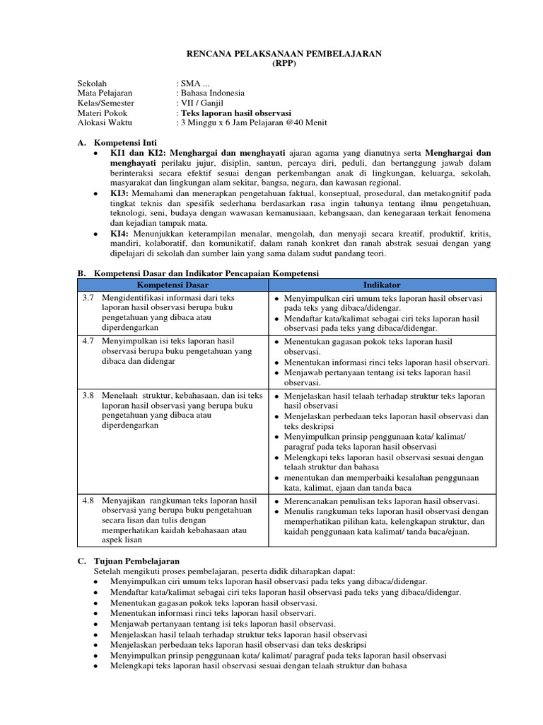 Contoh RPP K13 Bahasa Indonesia Teks Laporan Hasil