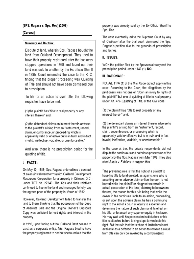 Ragasa v. Roa (CHUA) Download Free PDF Adverse Possession Statute