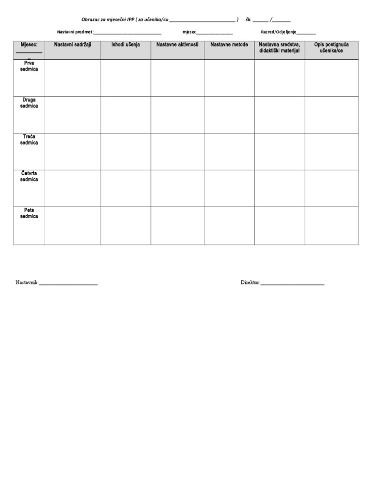 Obrazac Za Mjesečni Ipp Pdf