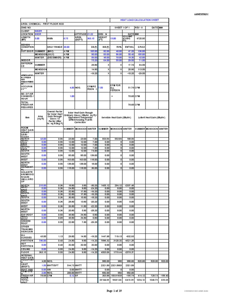 Heat Load Calculation Sheet | PDF | Building Technology | Ventilation ...