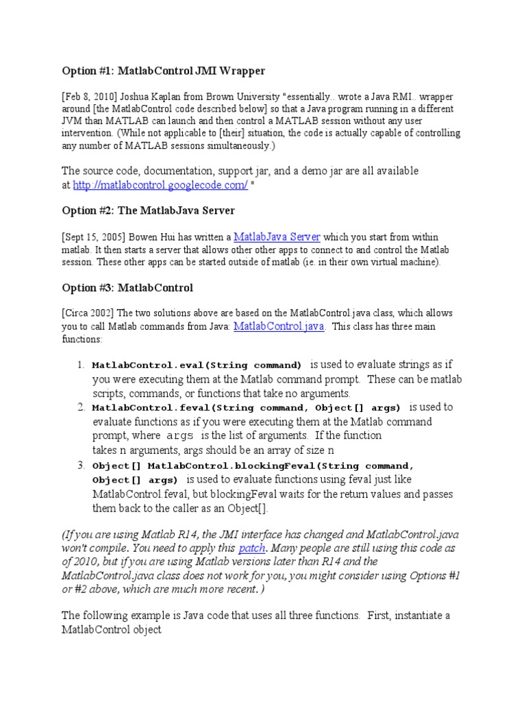 Option #1: Matlabcontrol Jmi Wrapper: Matlabcontrol - Feval (String ...