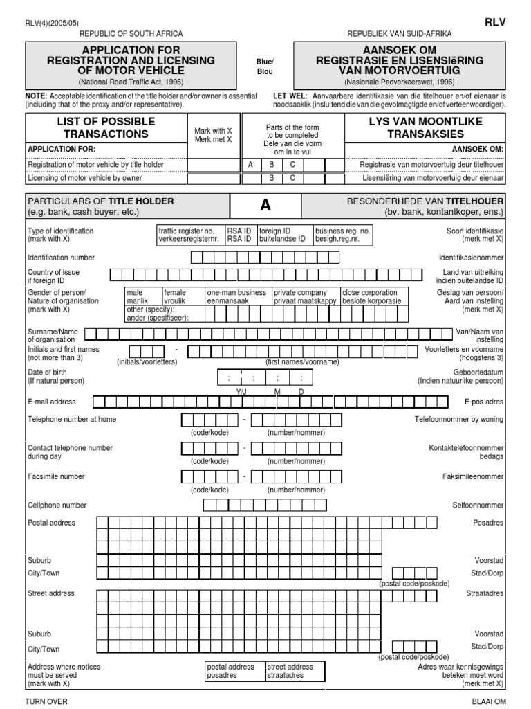 Application for Registration and Licencing of Motor Vehicle (Form RLV)