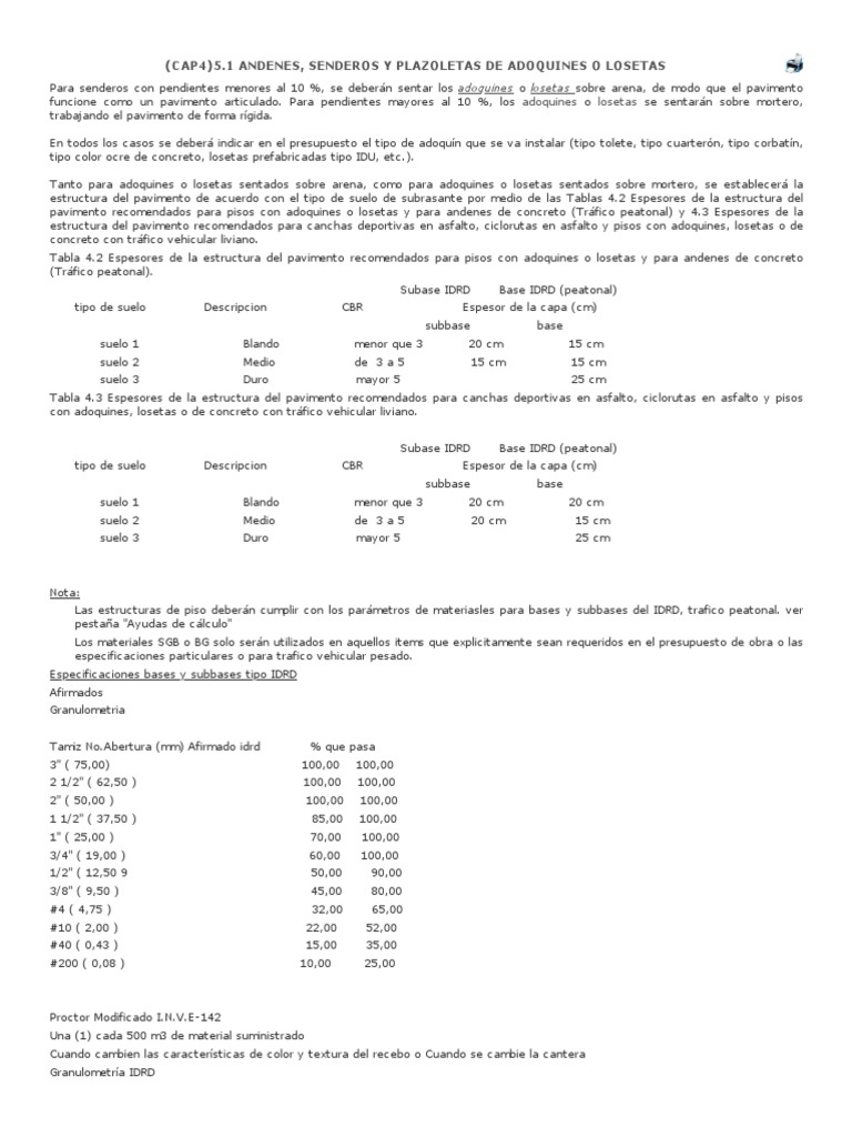 (Cap4) 5.1 Andenes, Senderos y Plazoletas de Adoquines o Losetas | PDF