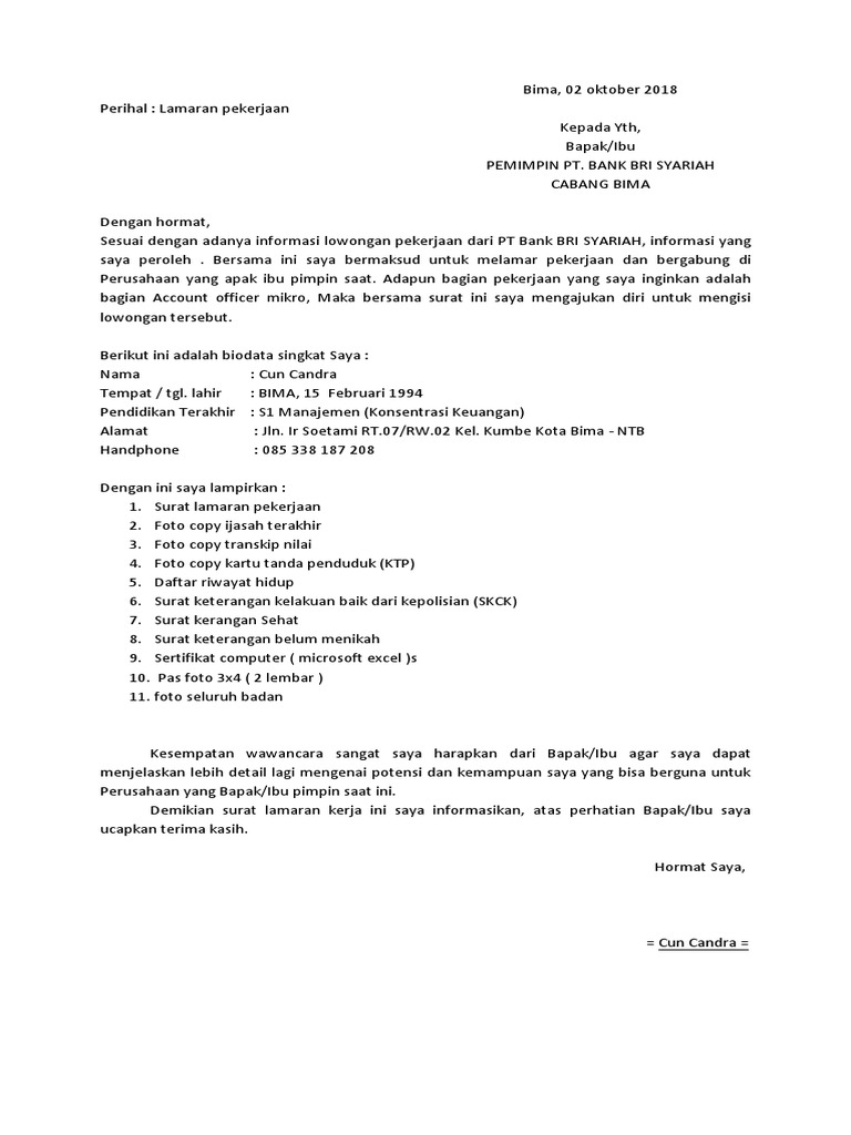Surat Lamaran Kerja Cun