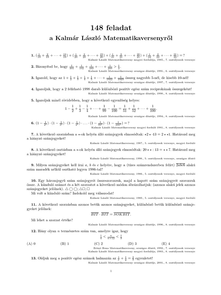 Roka Sandor Kalmar Verseny Feladatai | PDF