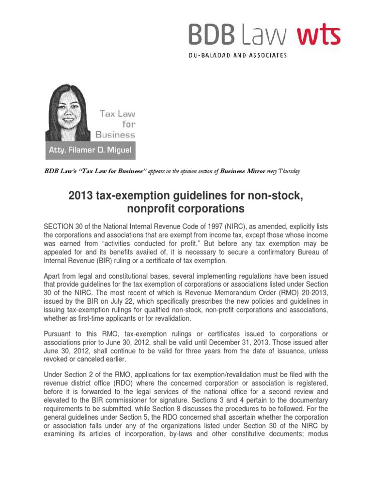 2013 TaxExemption Guidelines For NonStock, Nonprofit Corporations FDM