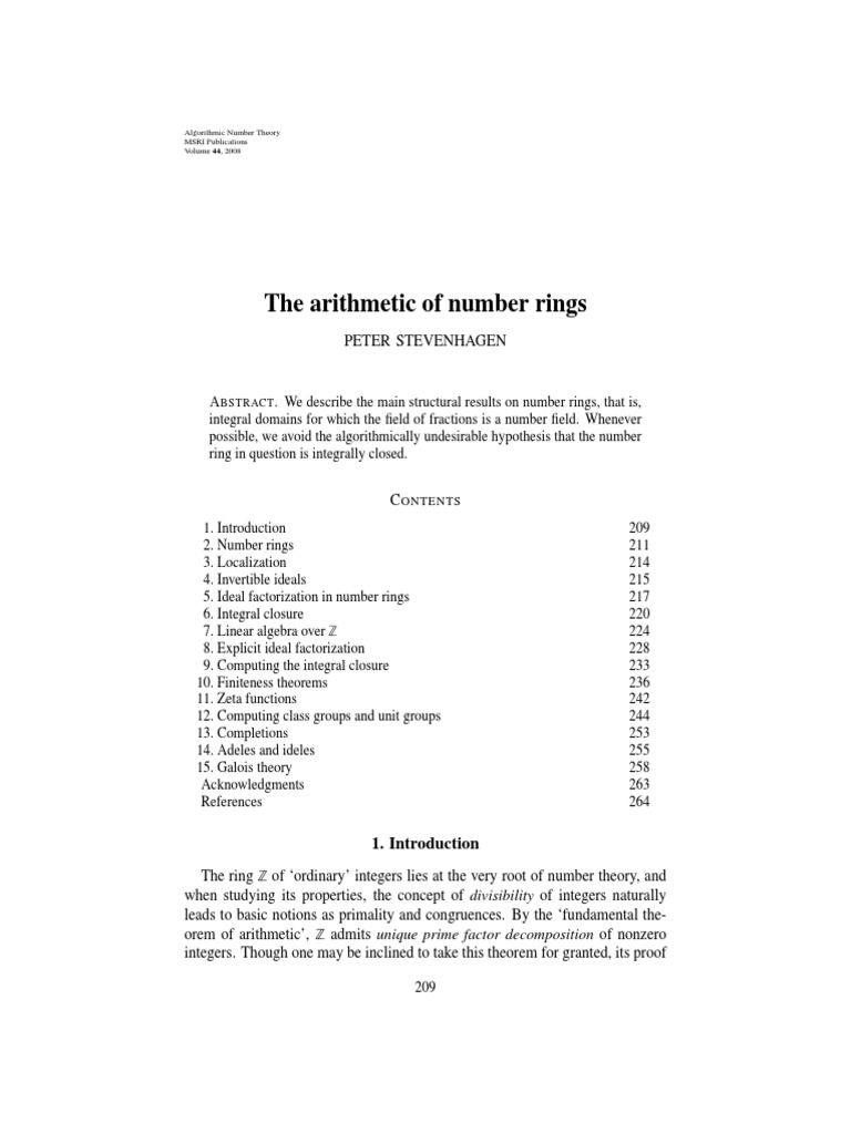 The Arithmetic of Number Rings Bstract PDF Ring (Mathematics