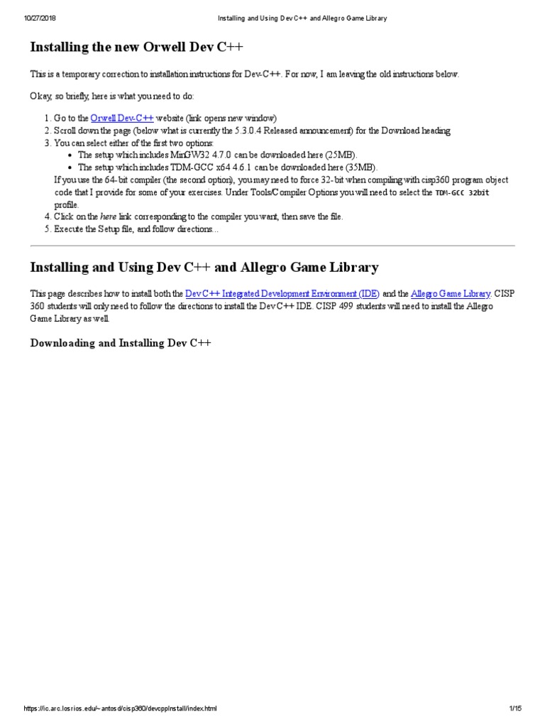 Dev C++ and Allegro Installation Guide | PDF | C++ | Library (Computing)
