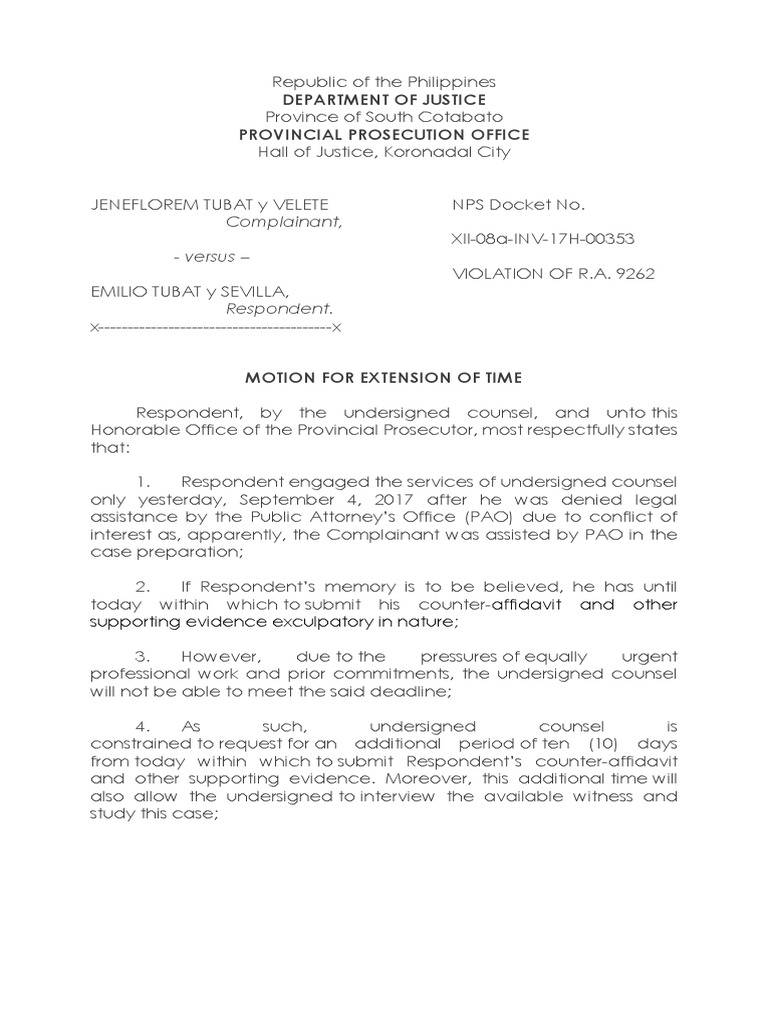 Motion for Extension of Time in Koronadal | PDF | Prosecutor | Criminal ...