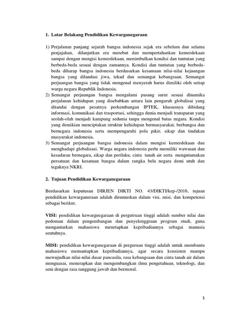 Latar Belakang Pendidikan Kewarganegaraan Di Perguruan Tinggi Terkait Pendidikan