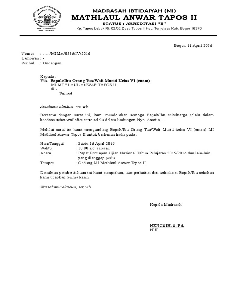 Surat Undangan Rapat Untuk Orang Tua Wali Murid