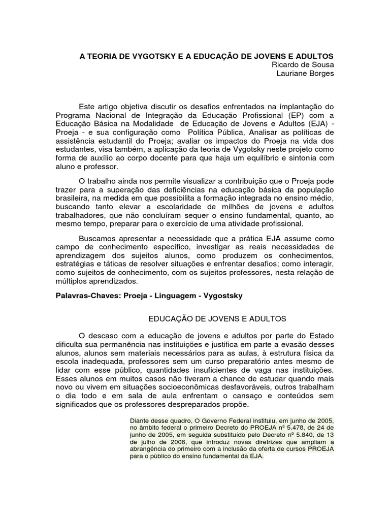 Vygotsky e os Desafios do Proeja na EJA | PDF | Juventude | Aprendizado