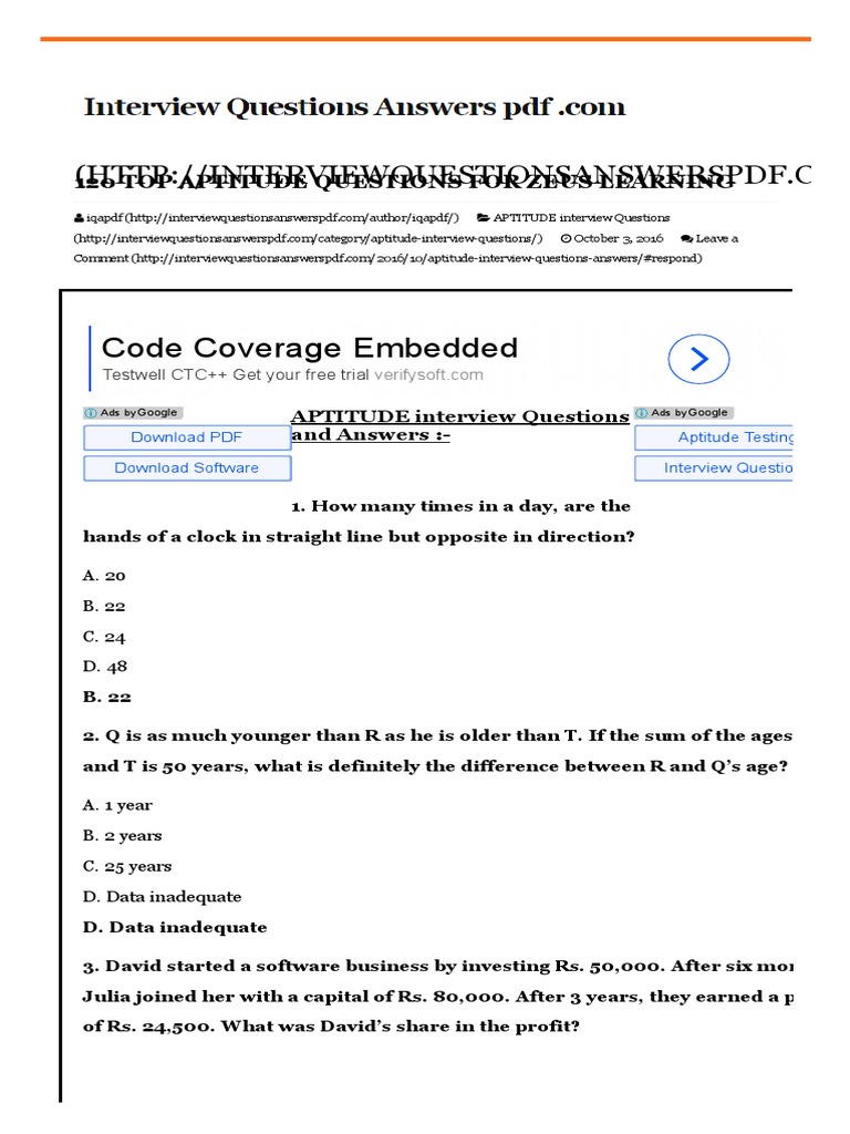 120 TOP APTITUDE Questions For Zeus Learning 2017 Download PDF