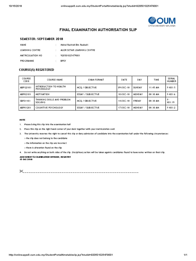 Final Examination Authorisation Slip: Semester: September 2018 | PDF ...