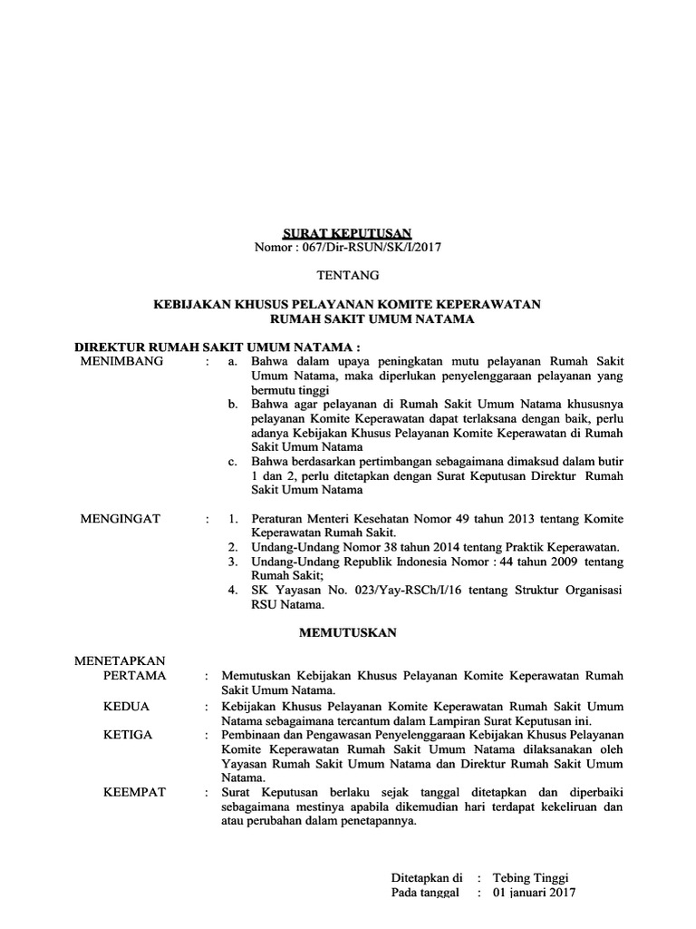 Contoh Surat Keputusan Direktur Rumah Sakit Kumpulan