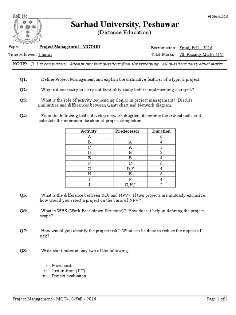 IT Project Management Exam Paper | PDF | Project Management | Projects
