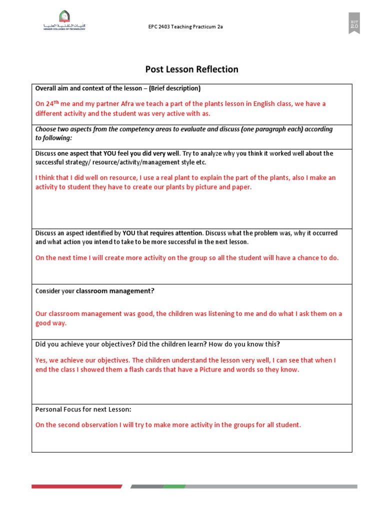 course reflection essay template