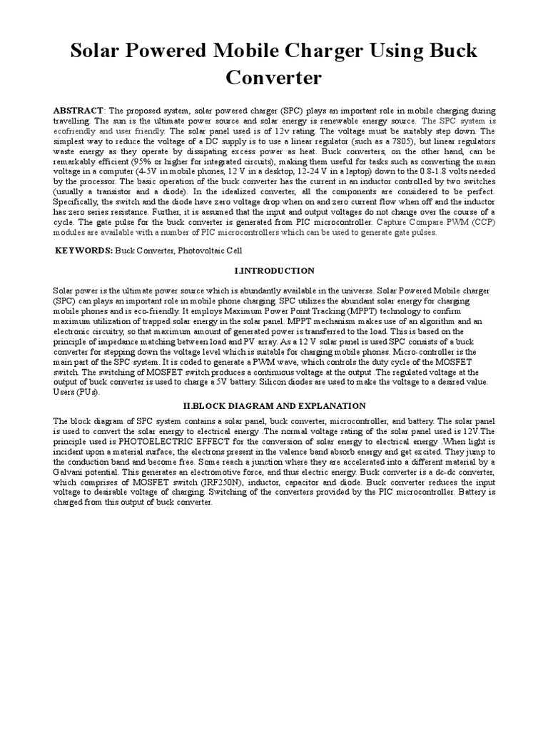 Solar Powered Mobile Charger Using Buck Converter PDF Battery