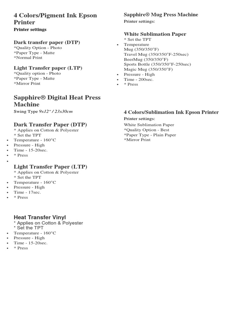Heat Press Settings for Sublimation | PDF
