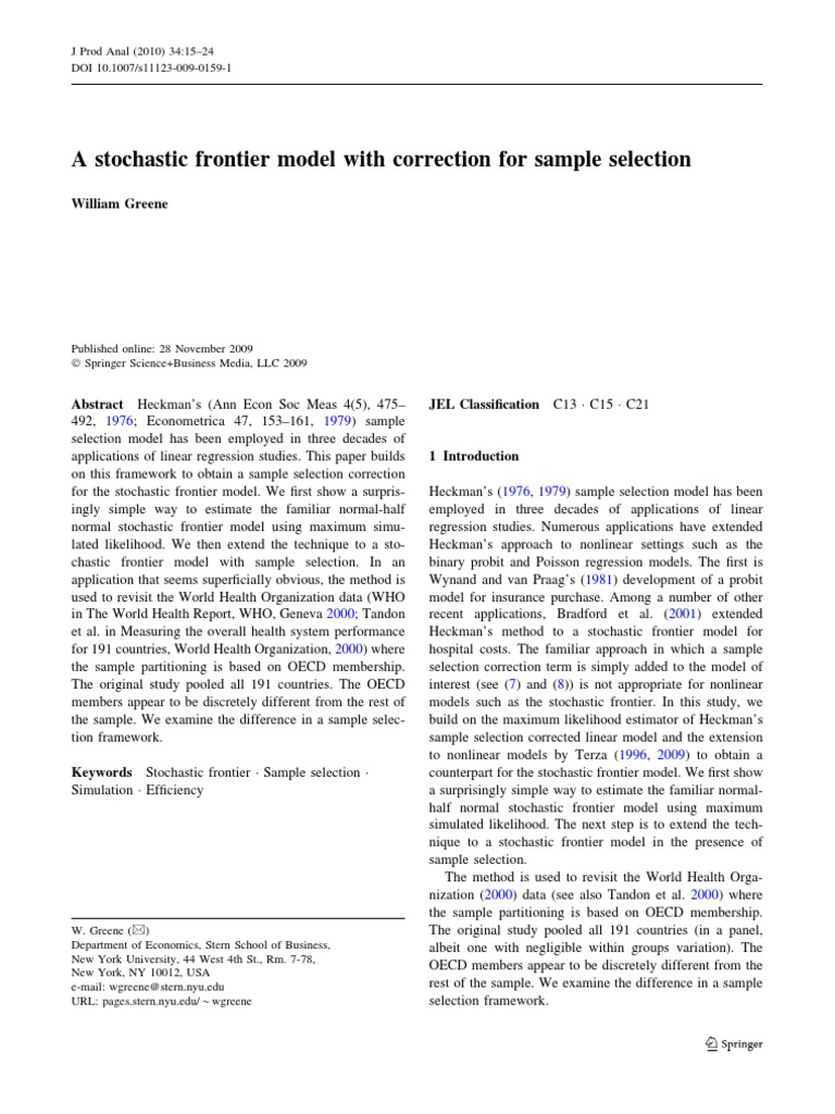 Stochastic Frontier Model with Sample Selection | PDF | Estimation ...
