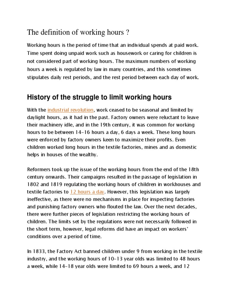 The Definition Of Working Hours Pdf Working Time Working Conditions