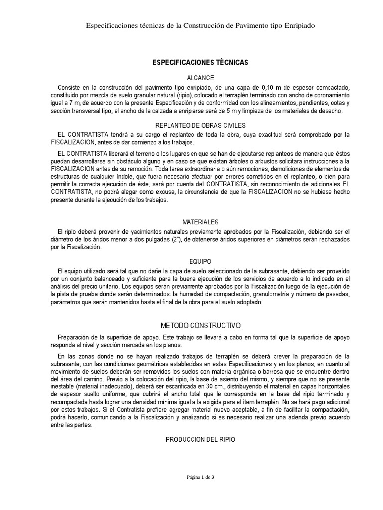 Especificaciones Enripiado 1490096362698 | PDF | Agua | Transporte