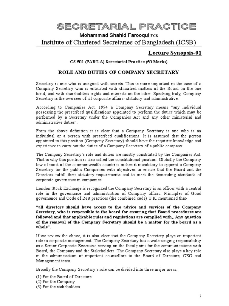 001 Lecture Synopsis 001 Role And Duties Of Company Secretary Pdf Board Of Directors Corporate Governance