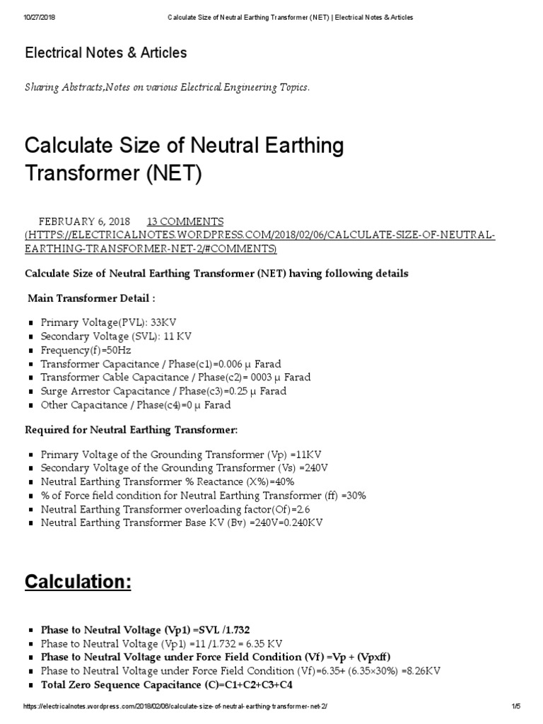 Neutral Earthing Transformer Sizing Guide | PDF | Transformer | Capacitance