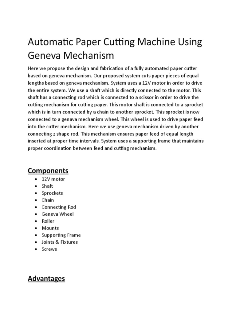Automatic Paper Cutting Machine Using Geneva Mechanism Components PDF